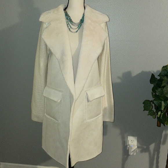 LOVE TOKEN IVORY FAUX FUR CARDIGAN. - Picture 1 of 9